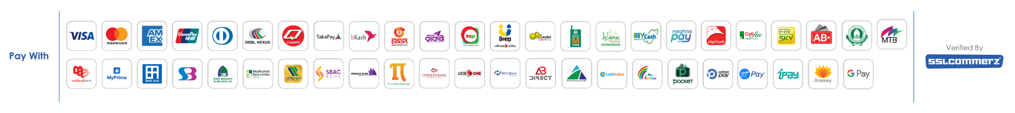 Accepted payment methods including cards, mobile banking and online banking verified by SSLCommerz